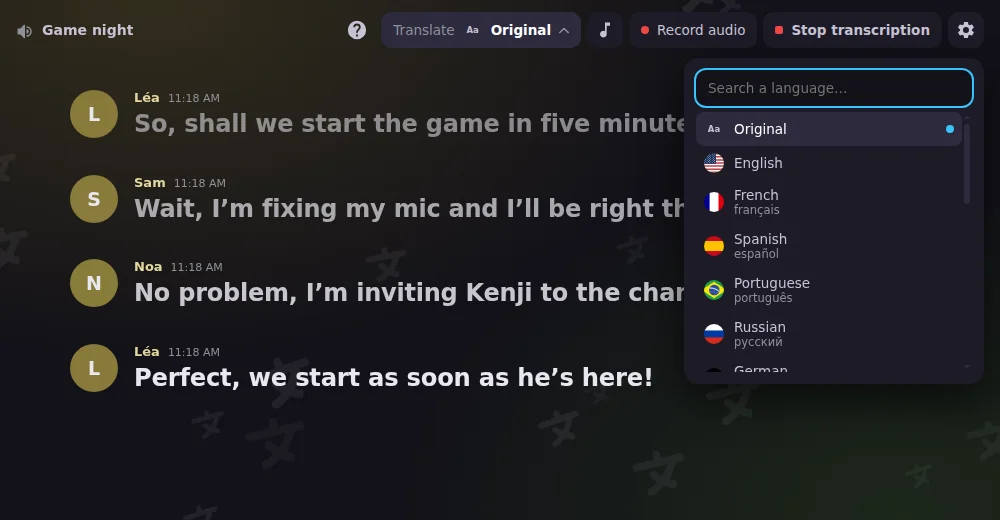 Le menu des langues de l'Activité : choisis la langue de la traduction en direct.