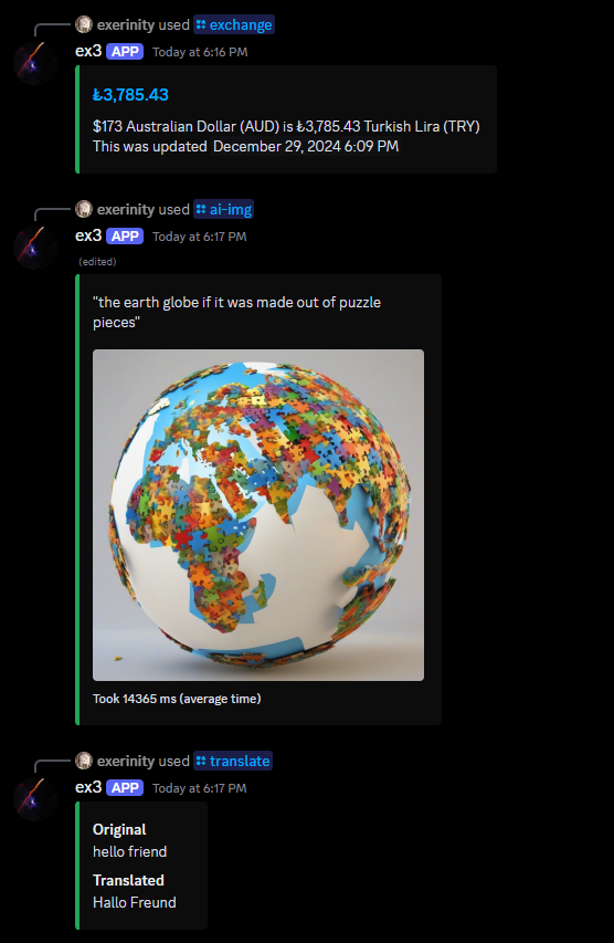 Ex3 discord bot screenshot, Wikimedia Commons (CC), via wikimedia.org Discord chat window in dark mode where a bot answers the #translate command, rendering "hello friend" as the German "Hallo Freund"
