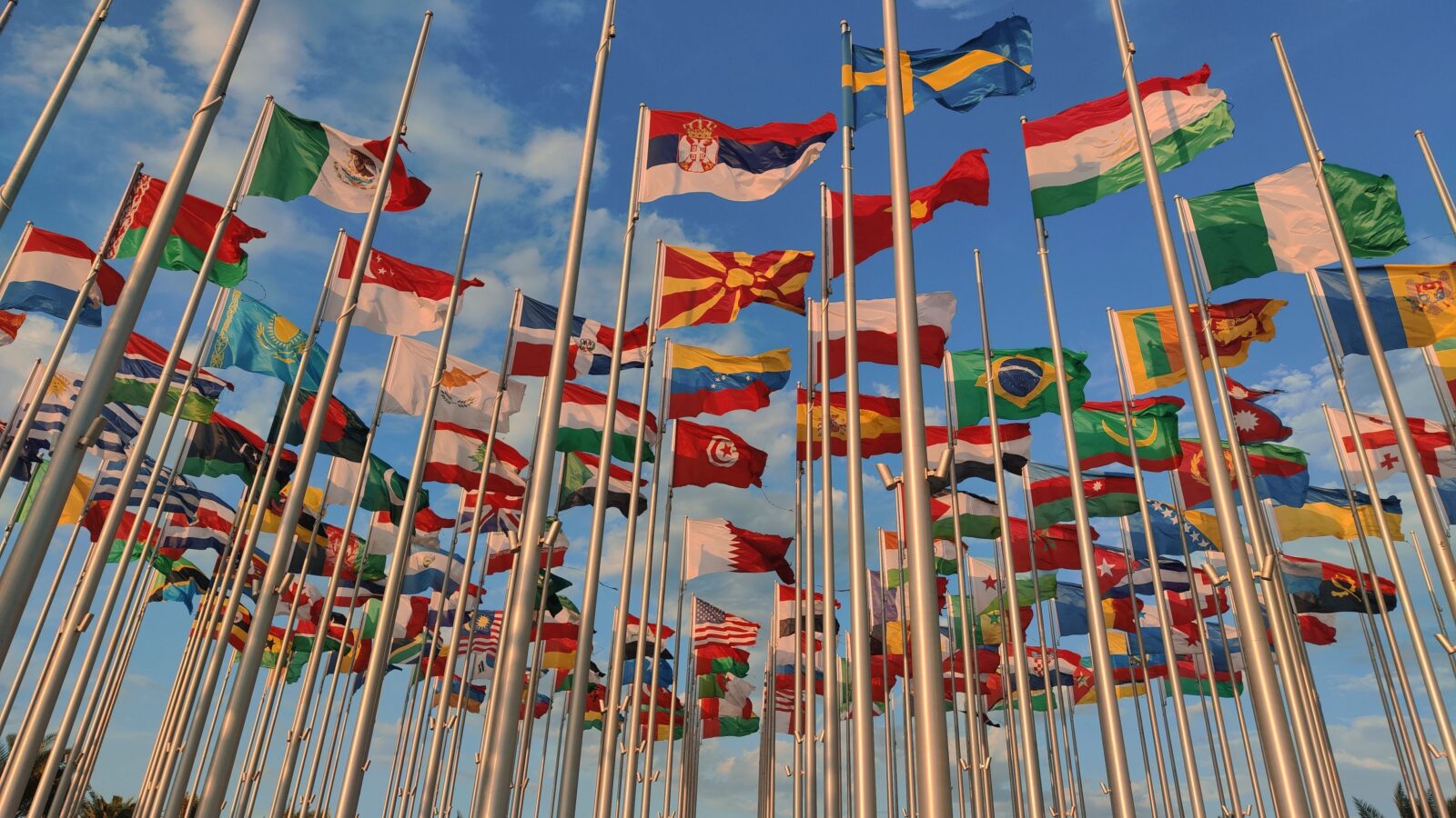 Dozens of national flags on poles under a partly cloudy sky, a visual stand-in for the many language groups in a large Discord community